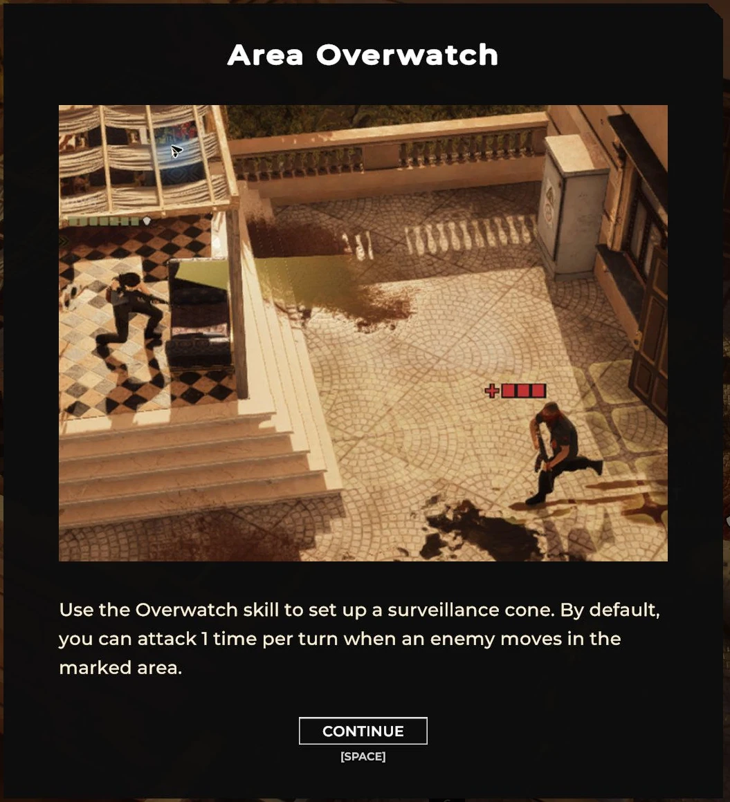 Area Overwatch tutorial explaining a surveillance cone and a default one attack per turn when an enemy moves in the marked area.