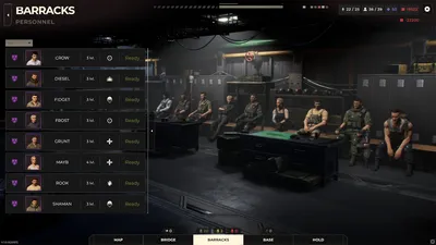 Warhounds Barracks personnel screen showing operatives, levels, class icons and Ready status.