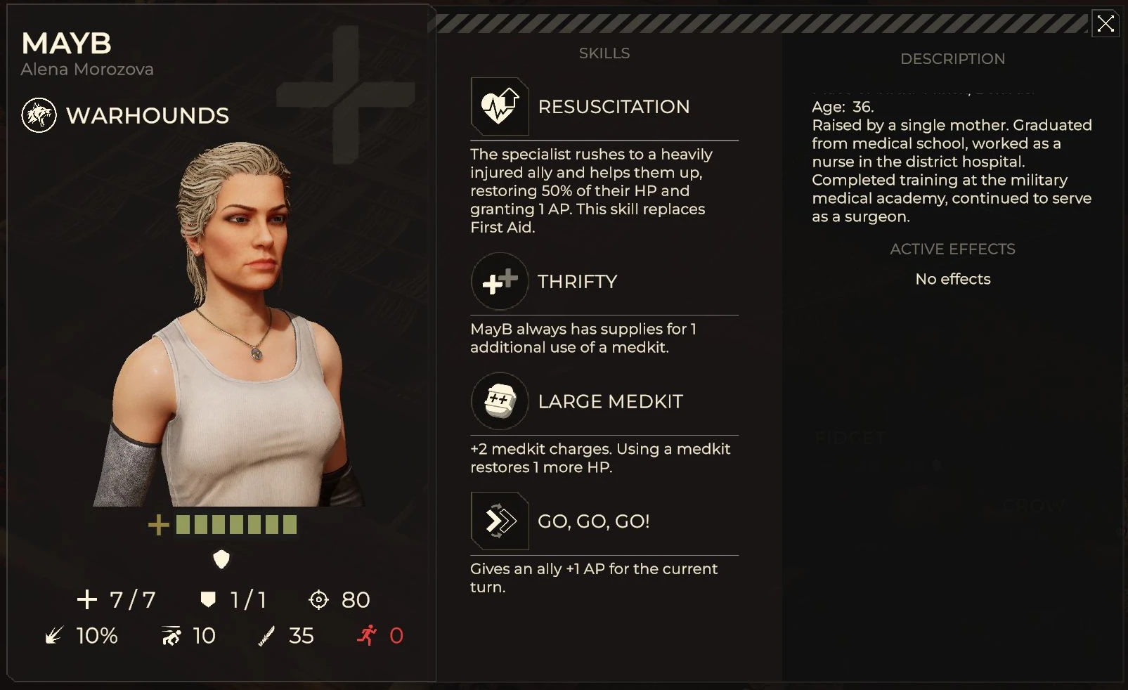 MayB, Alena Morozova, with four complete skill descriptions and her captured character-page attributes.