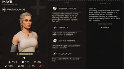 MayB character skills panel showing four abilities and her attributes in Warhounds.