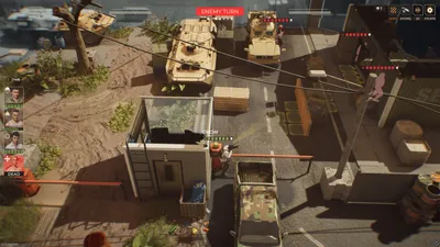Warhounds tactical rooftop battle showing squad portraits, an enemy turn and cover.