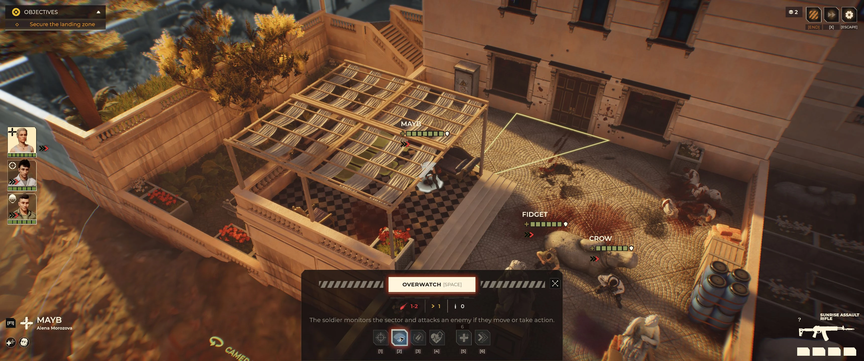MayB's Overwatch confirmation panel and cone preview in the Distant Smoke courtyard.