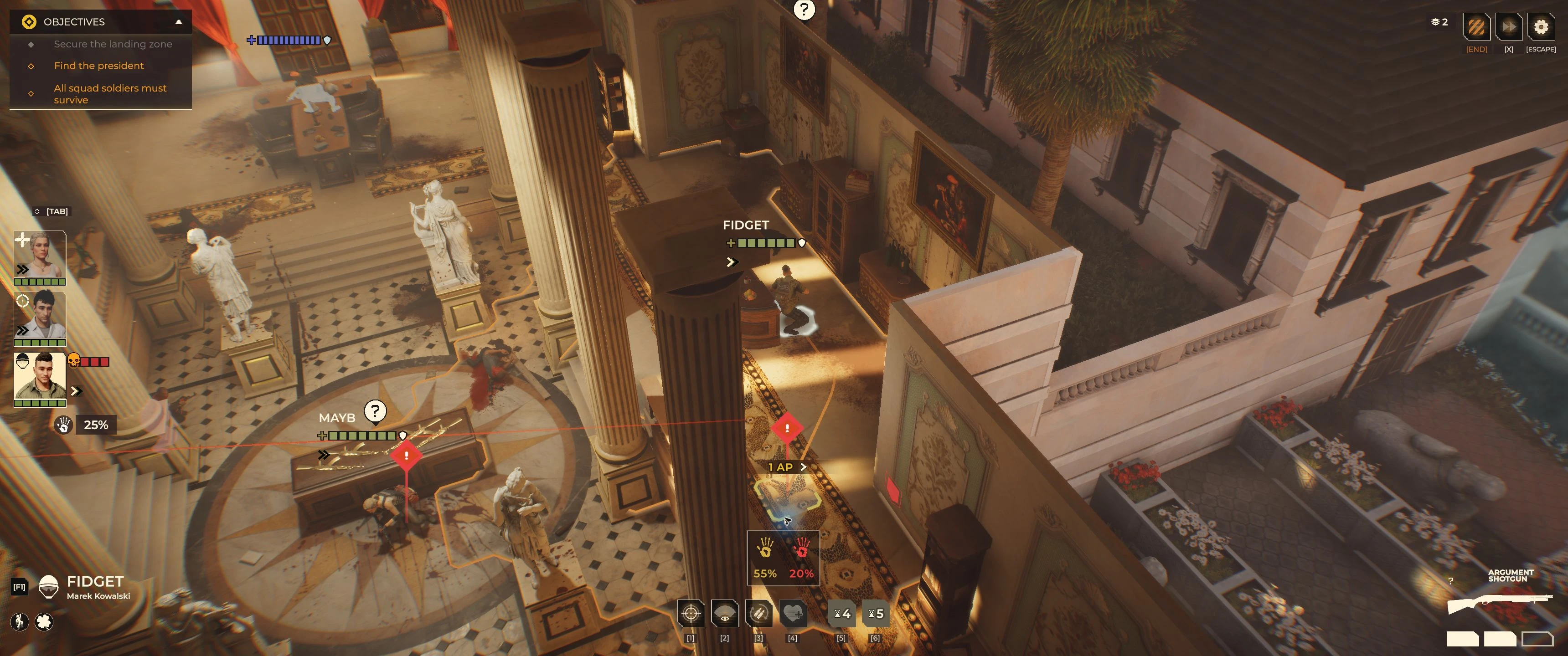 Fidget after Freeshot, with one ordinary AP remaining and two of three ammunition units filled.