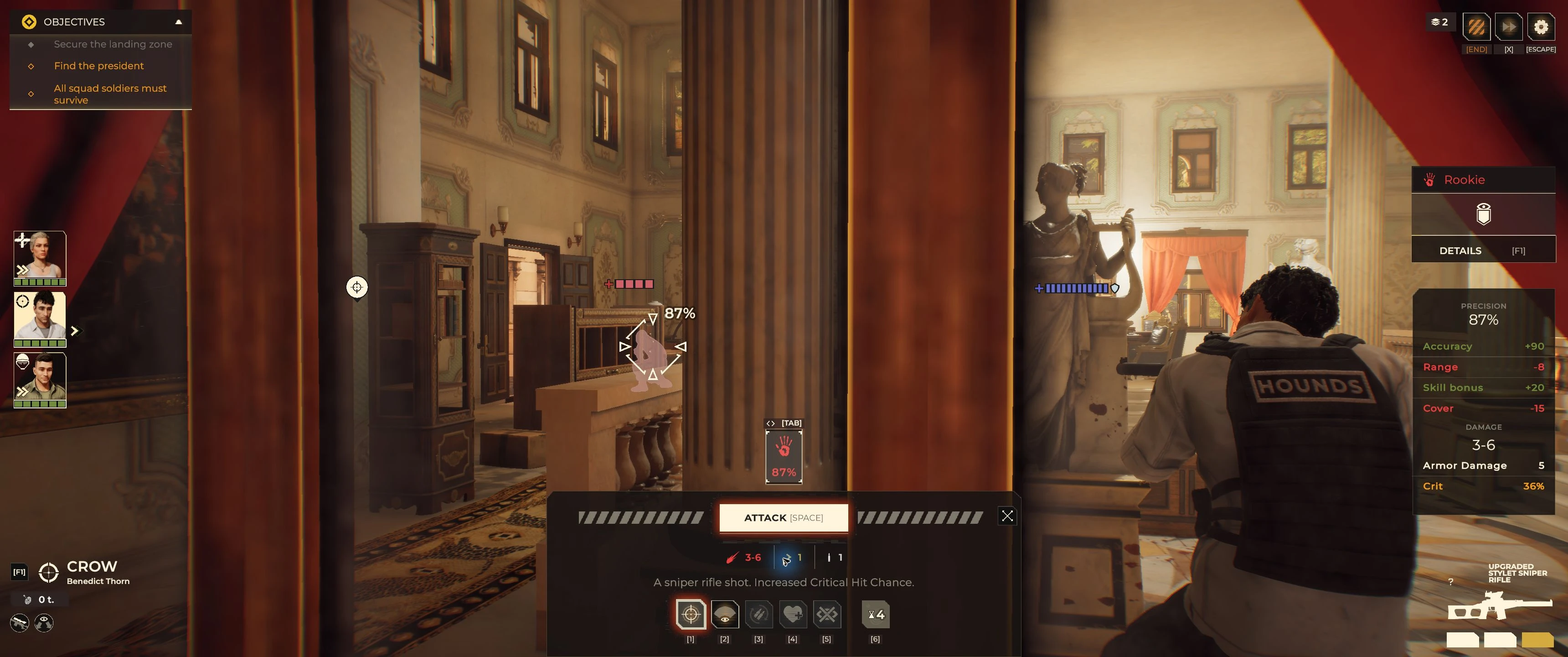 Crow's aimed shot preview shows Precision 87%, Skill bonus +20 and Crit 36% against a Rookie.