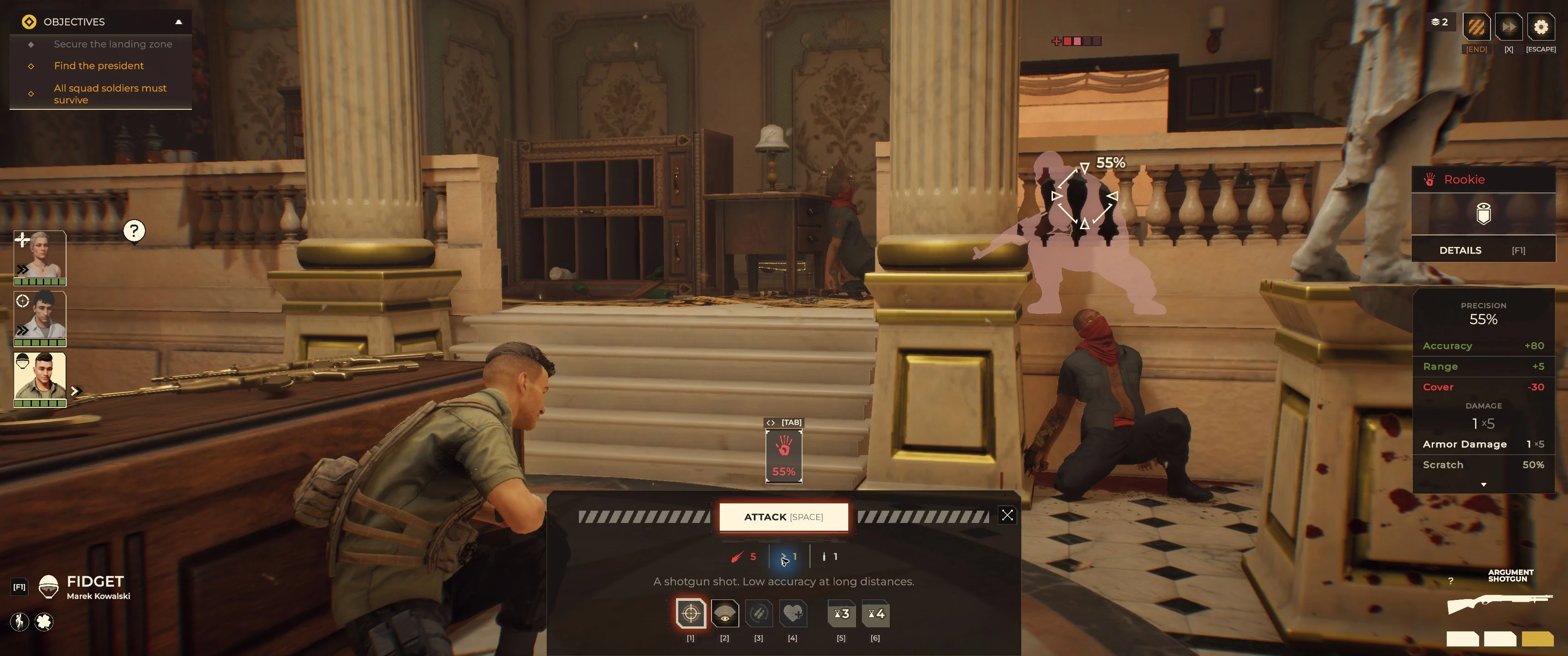 Fidget's 55% shotgun preview breaks down as Accuracy 80, Range +5 and Cover −30.