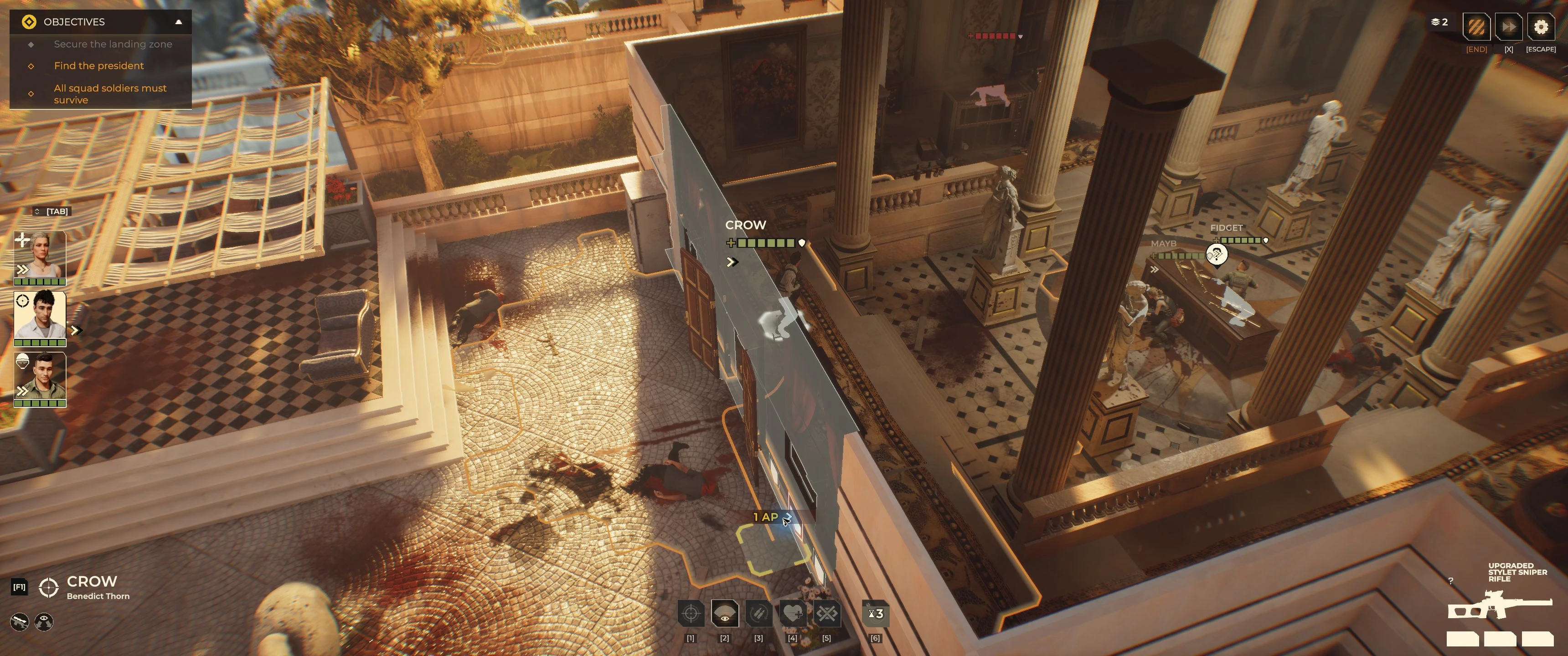 Crow after reloading the Upgraded Stylet Sniper Rifle, with one AP remaining and all three ammunition units filled.
