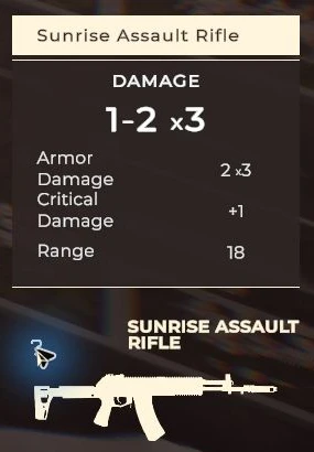 Sunrise Assault Rifle tooltip: DAMAGE 1-2 x3, Armor Damage 2 x3, Critical Damage +1, Range 18.