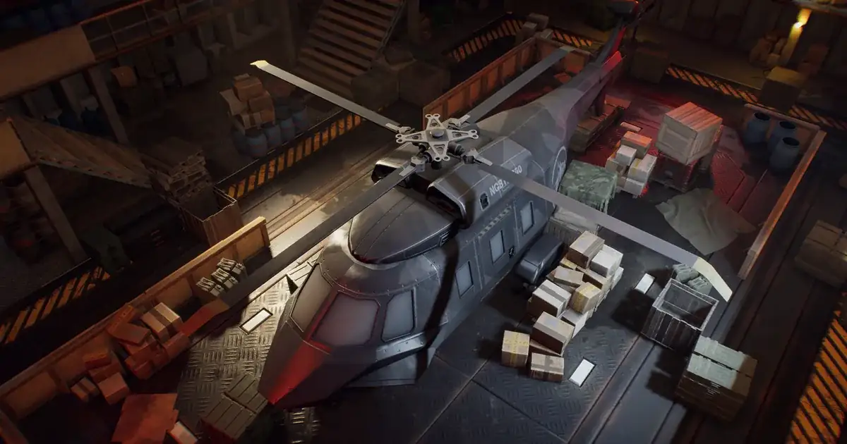 Military helicopter surrounded by cargo crates inside a dim Warhounds hangar.